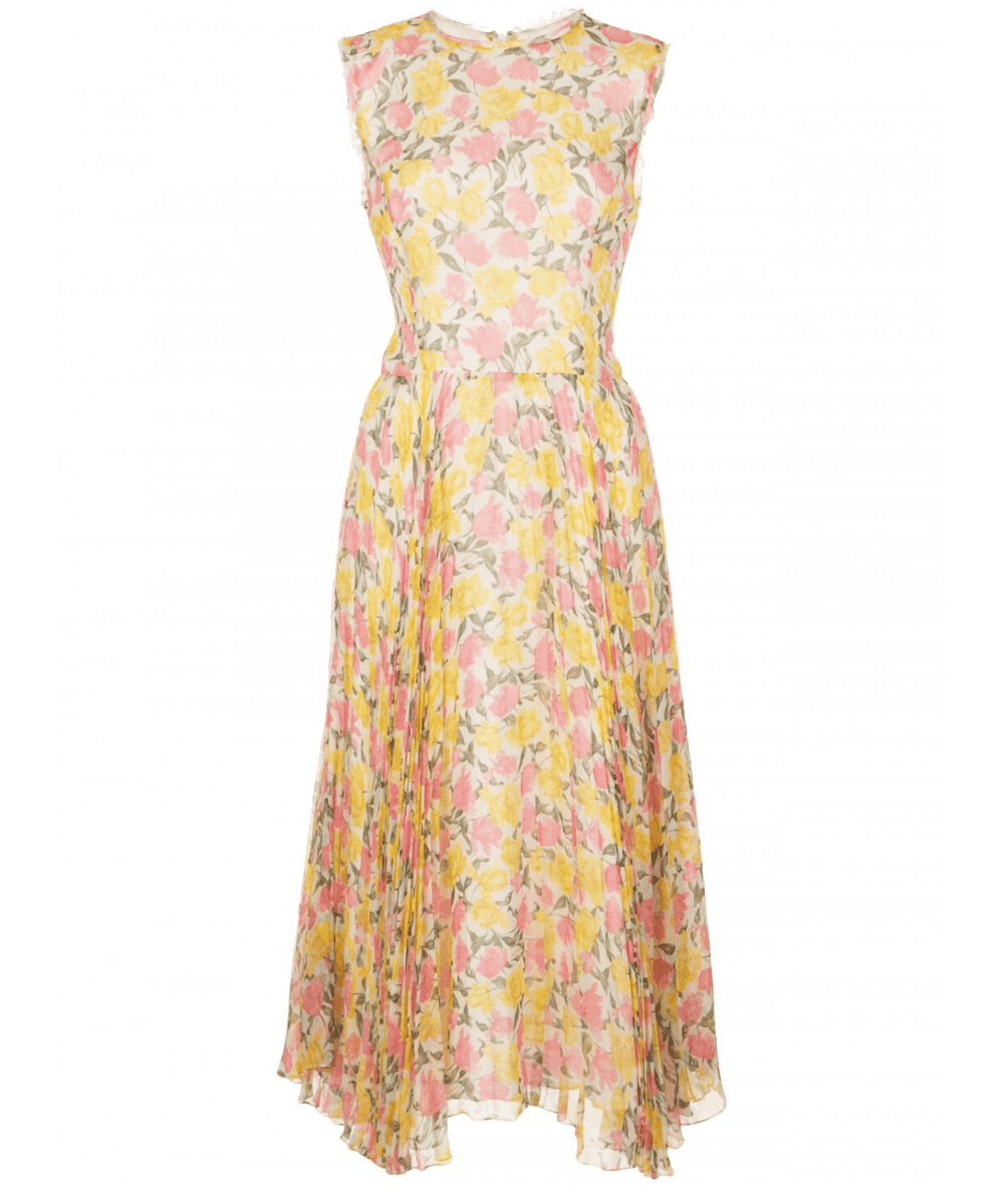 pink floral pleated midi dress